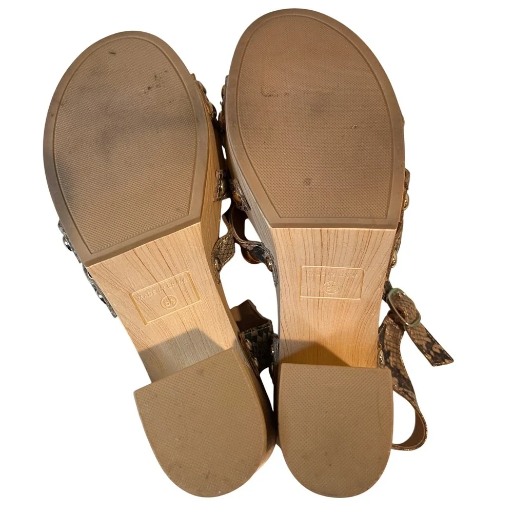 kaari blue‎ Women's Snake Print Platform Wedge Sandals Wood Heel; Ankle Strap